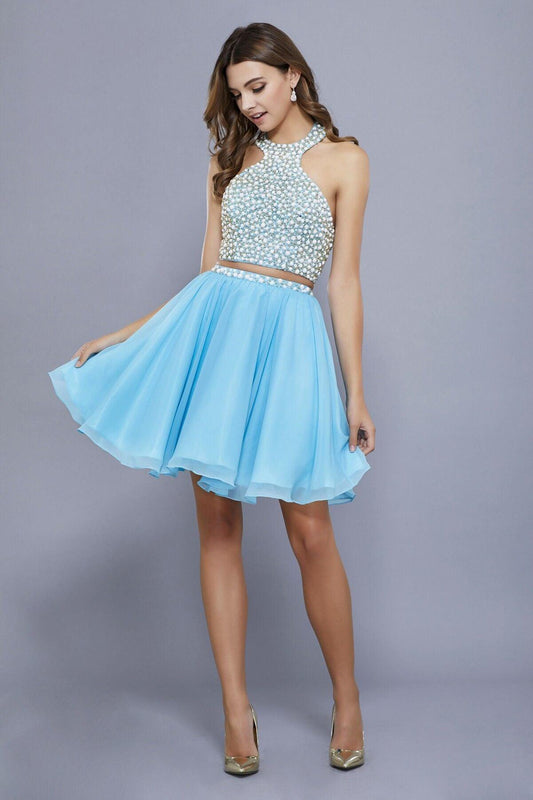 Short Two Piece Set Beaded Halter Prom Sale - The Dress Outlet