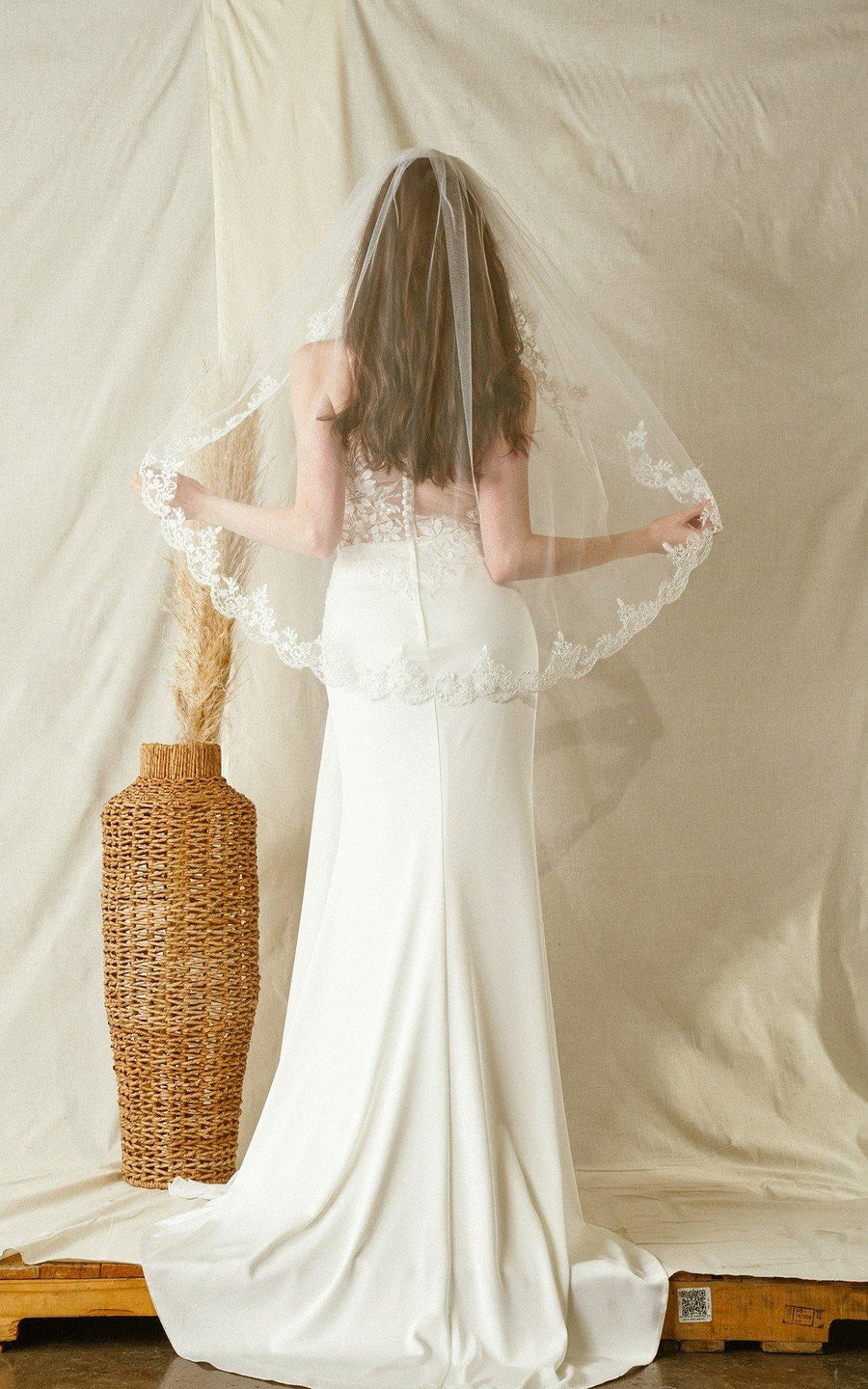 Short Waist Length Embroidered Wedding Veil - The Dress Outlet