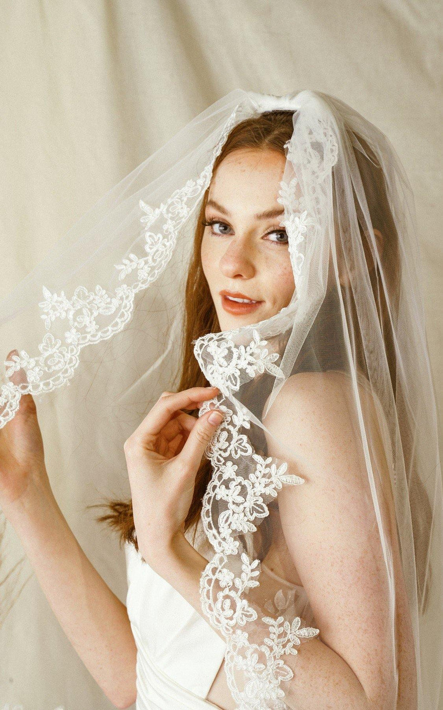 Short Waist Length Embroidered Wedding Veil - The Dress Outlet