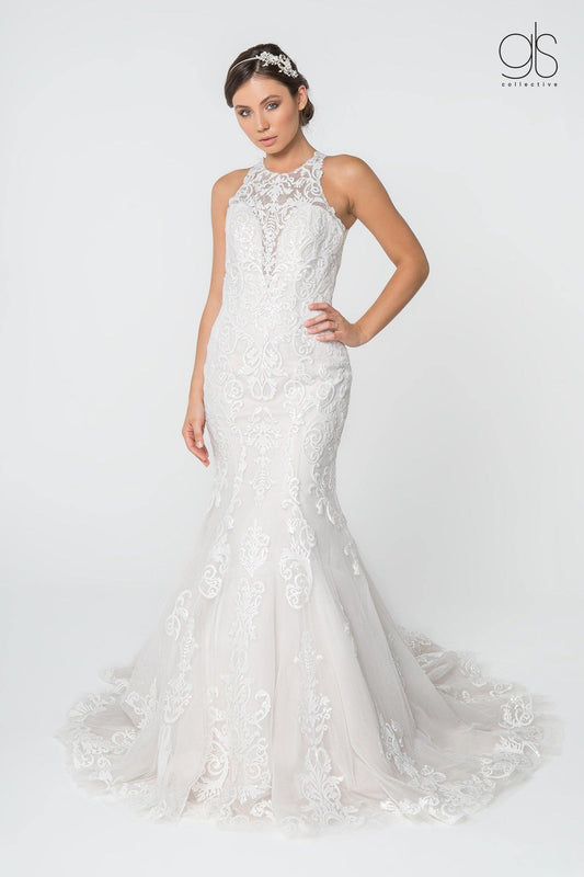 Simple Lace Embellished Mesh Wedding Long Gown - The Dress Outlet Elizabeth K