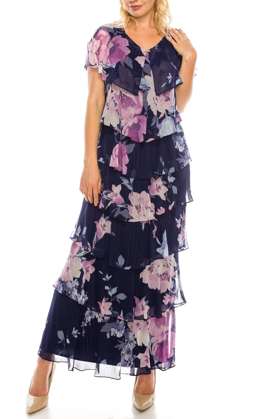 SLNY Long Formal Multi Floral Printed Tiered Dress - The Dress Outlet