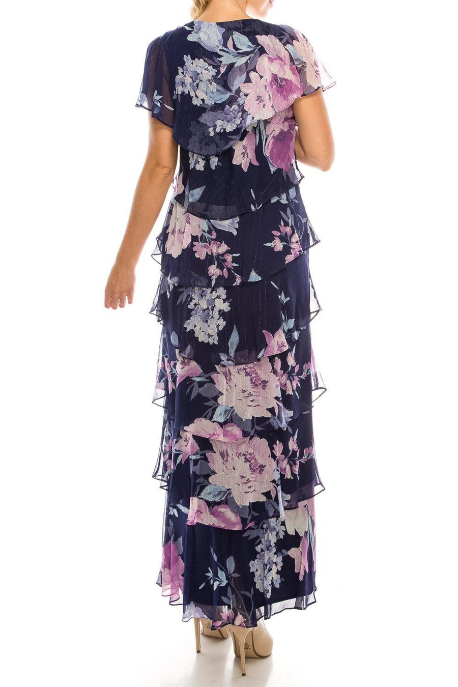SLNY Long Formal Multi Floral Printed Tiered Dress - The Dress Outlet