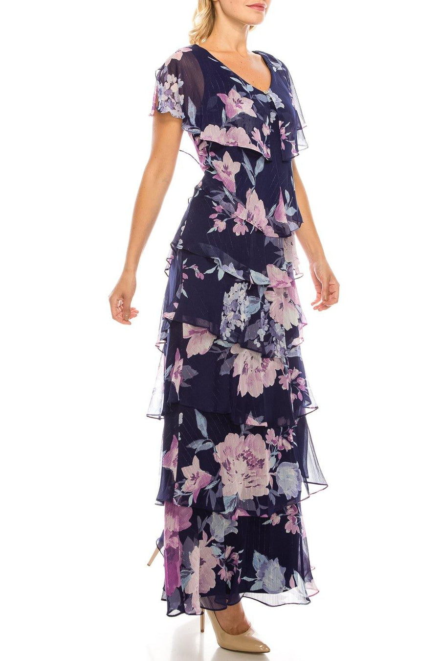 SLNY Long Formal Multi Floral Printed Tiered Dress - The Dress Outlet