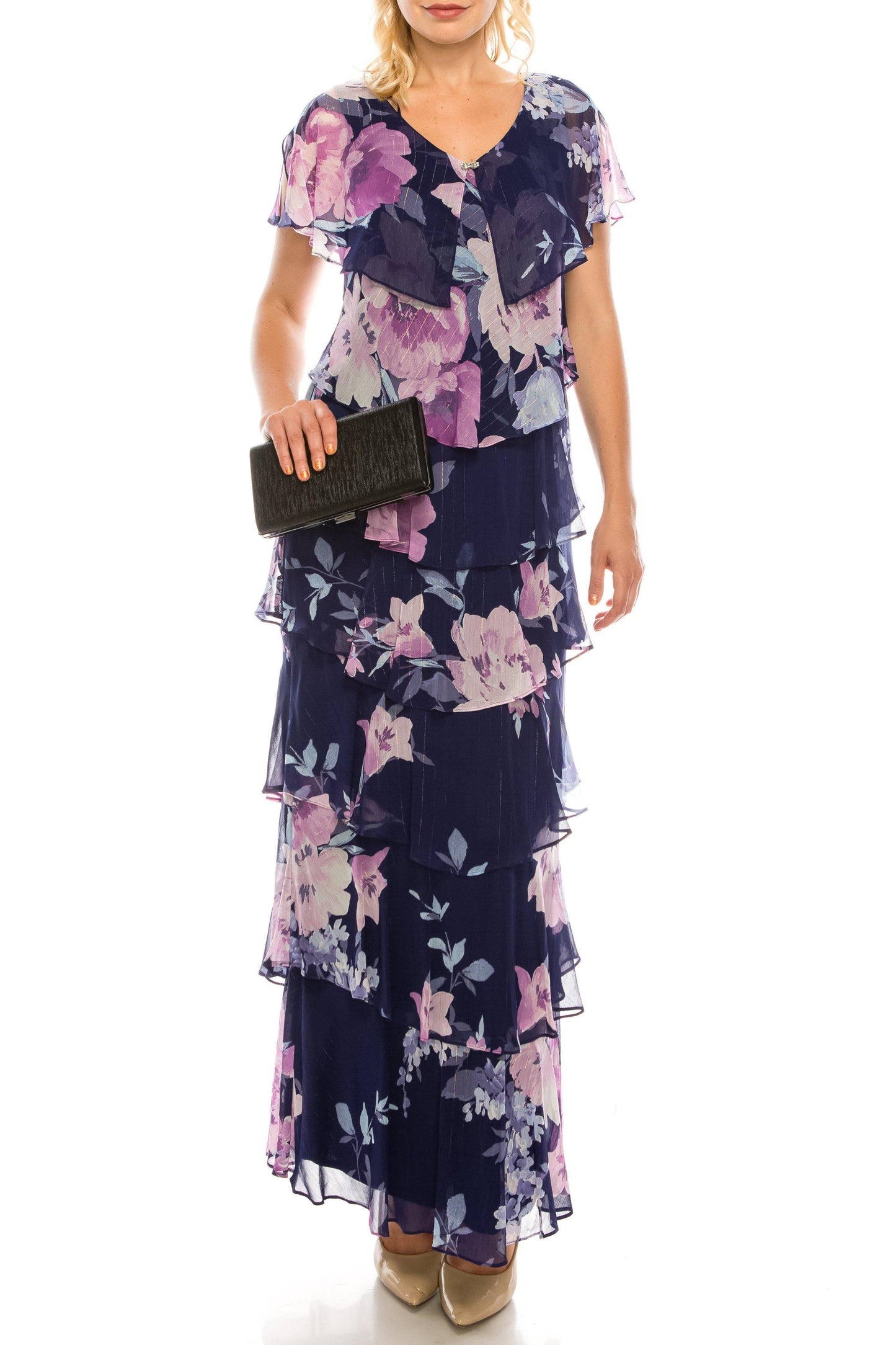SLNY Long Formal Multi Floral Printed Tiered Dress - The Dress Outlet