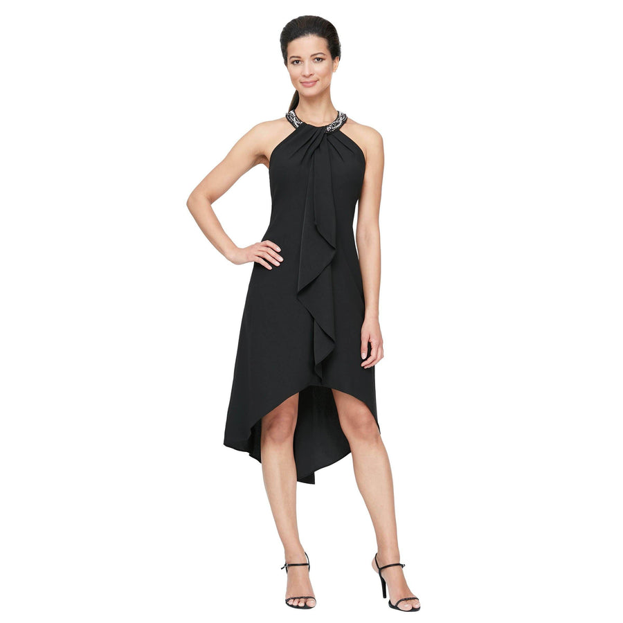 SL Fashions High Low Beaded Halter Dress 119005 - The Dress Outlet