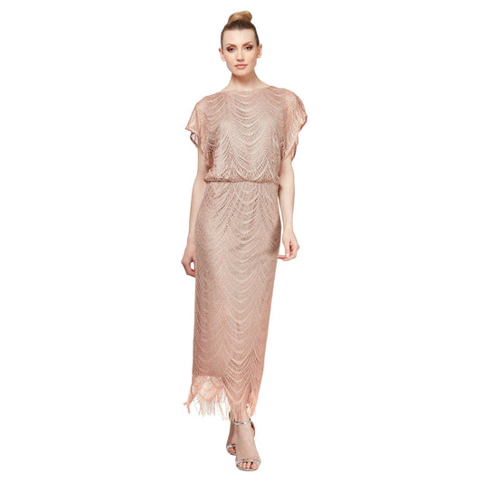 SL Fashions Long Blouson Fringe Hem Dress 195173 - The Dress Outlet