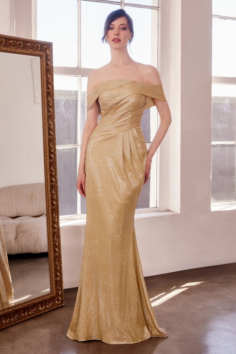 Prom Dresses Long Formal Metallic Glitter Fitted Prom Gown Gold