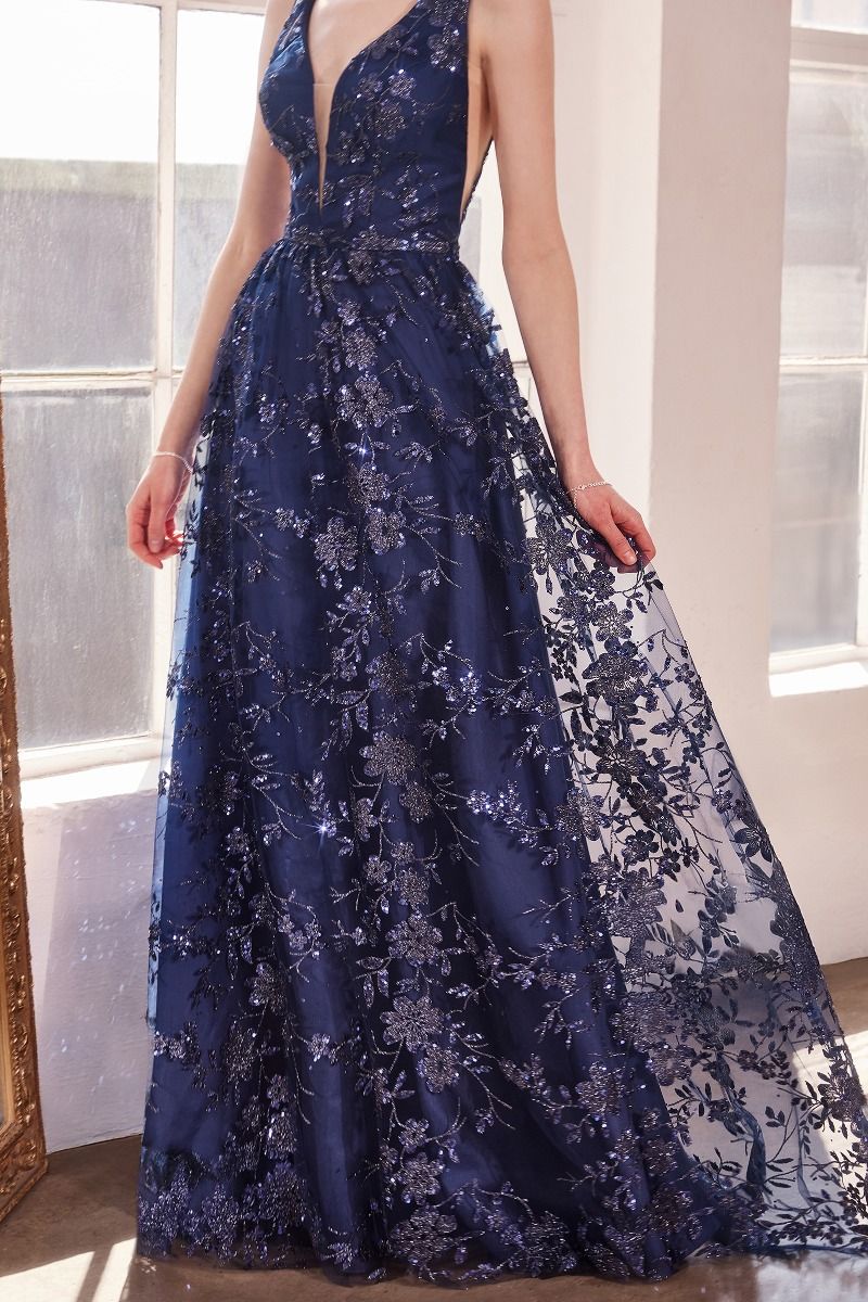 Prom Dresses A Line Long Formal Glitter Print Prom Gown Navy