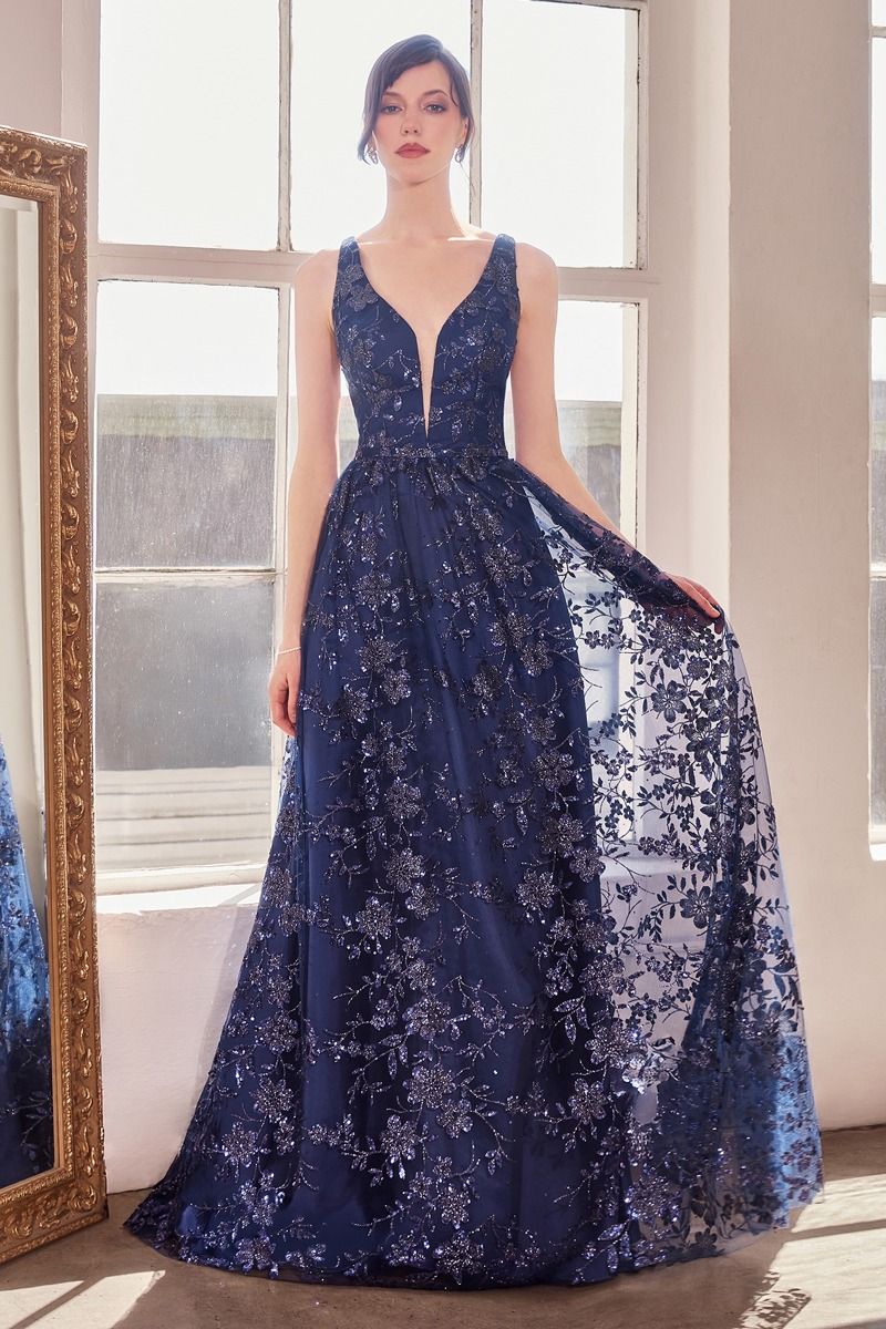 Prom Dresses A Line Long Formal Glitter Print Prom Gown Navy