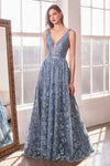 Prom Dresses A Line Long Formal Glitter Print Prom Gown Smoky Blue