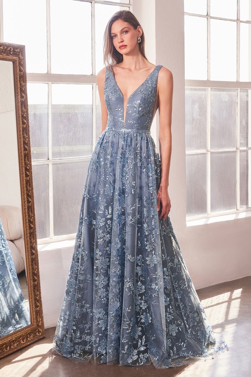 Prom Dresses A Line Long Formal Glitter Print Prom Gown Smoky Blue