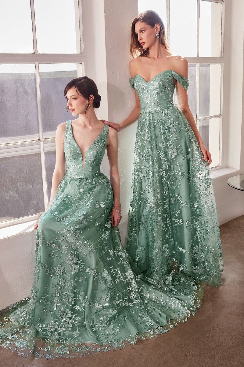 Prom Dresses A Line Long Formal Glitter Print Prom Gown Sage