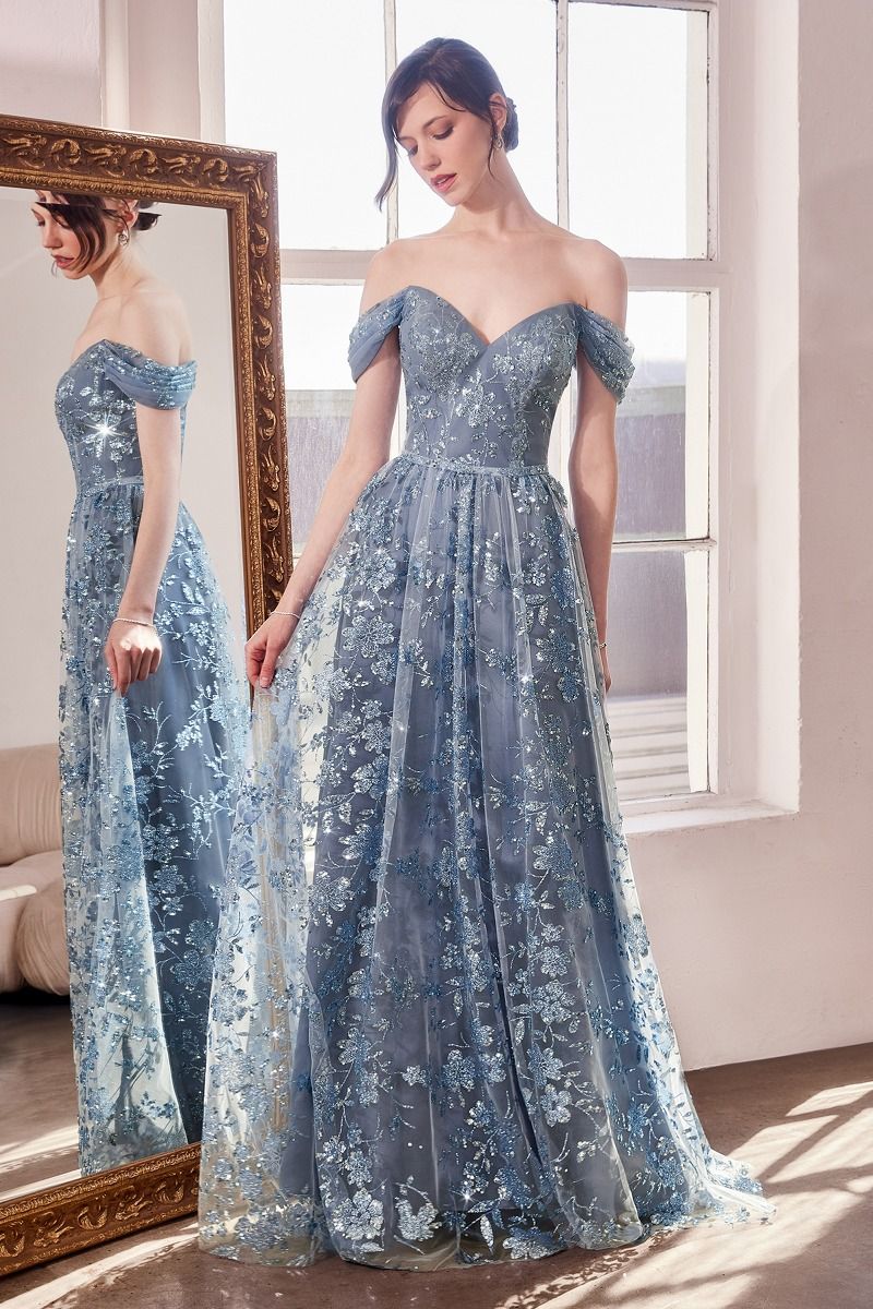 Prom Dresses A Line Long Glitter Print Formal Prom Dress Smoky Blue