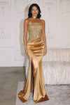 Prom Dresses Beaded Long Formal Fitted Slit Prom Dress Gold