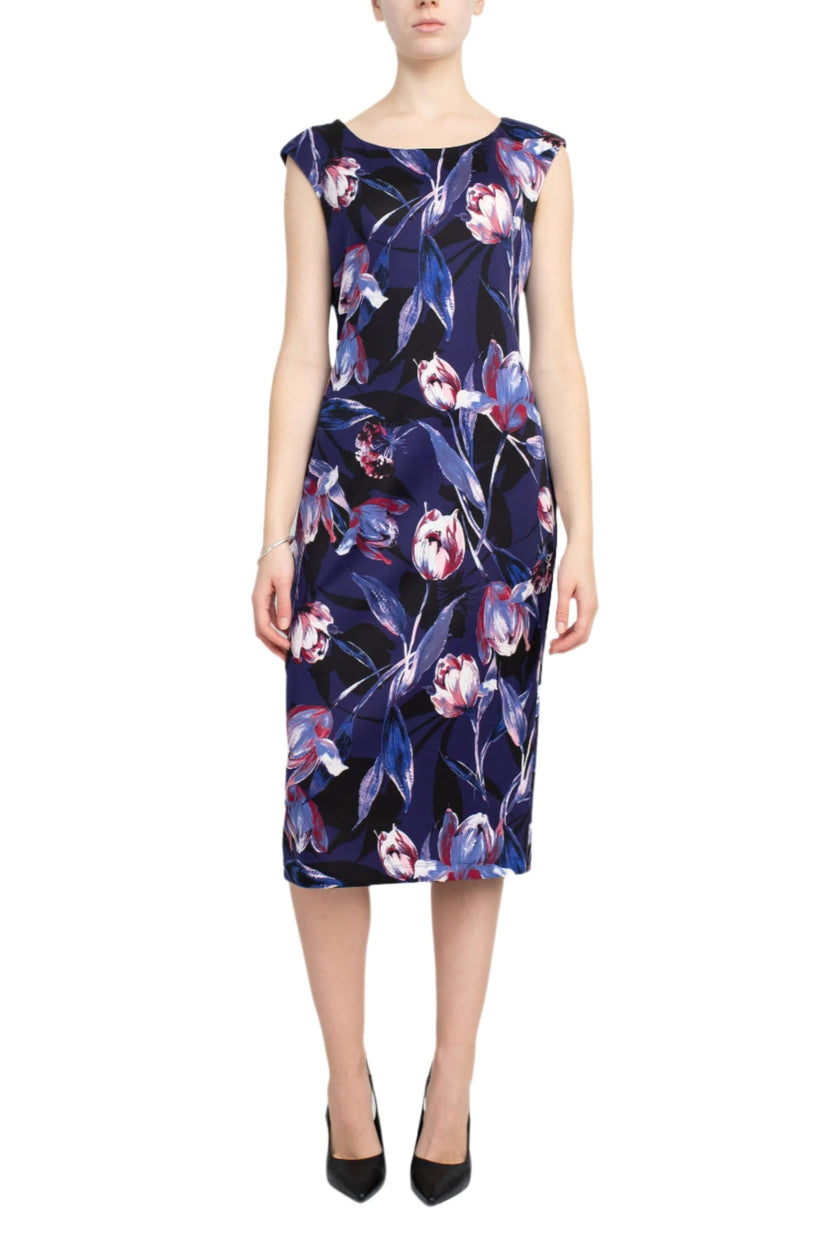 Cocktail Dresses Floral Print Midi Cocktail Dress Navy