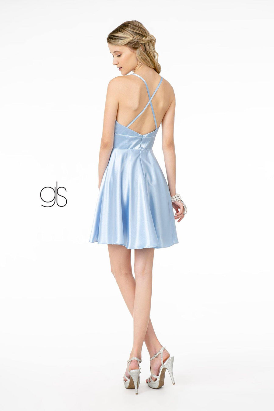 V-Neck Stain Short Dress Cocktail - The Dress Outlet